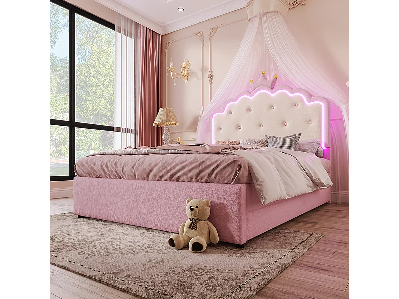 Letto imbottito 140 x 200 cm, con illuminazione d'atmosfera telecomandata, corona a forma di principessa, PU, rosa