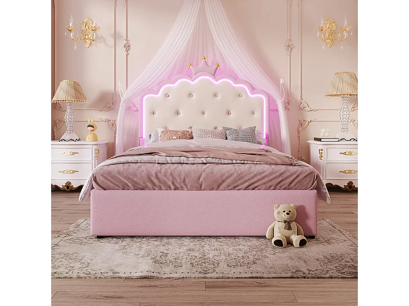 Lit d'enfant 140 x 200 cm, avec lumière d'ambiance, forme princesse, lit pliable, 2 tiroirs, rose