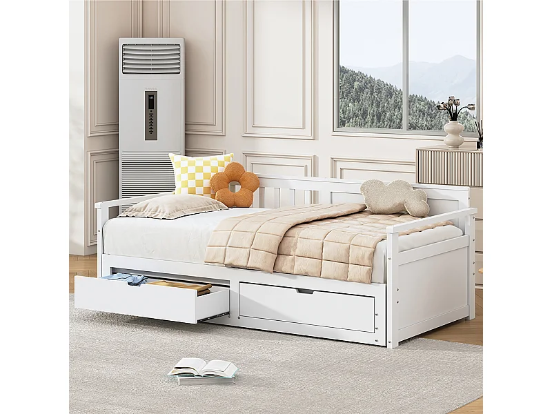 Cama de rodízio multifunções 2 em 1 90 (180) x 190, com cama de pinho, gavetas , Branco