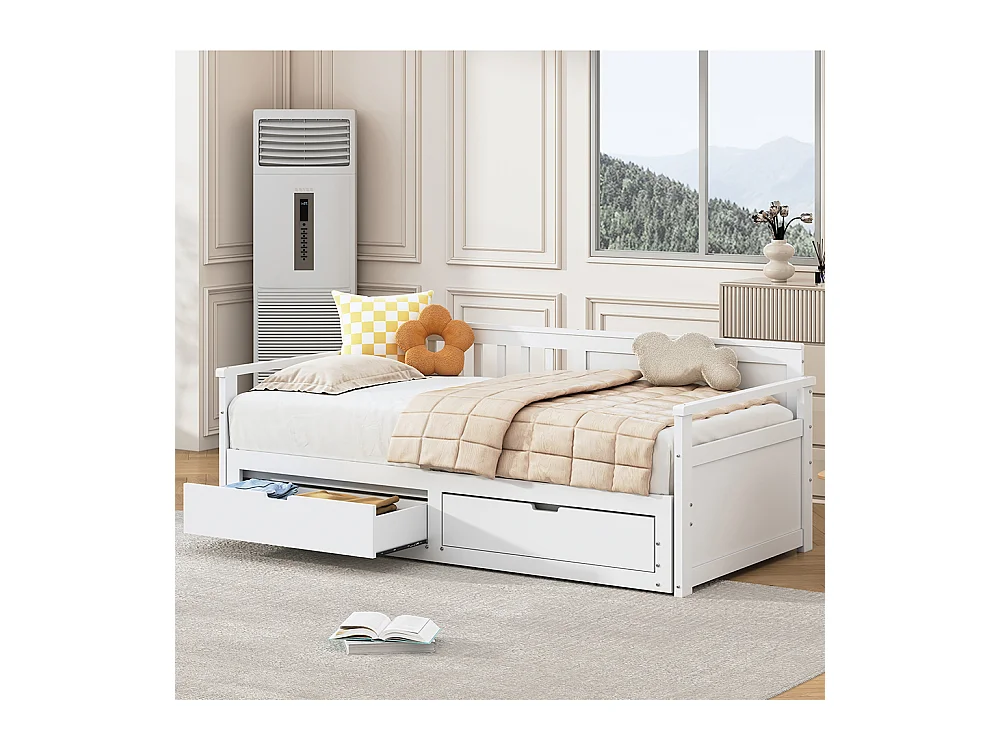 Lit gigogne multifonctionnel 2 en 1 90 (180) x 190, avec lit en pin, tiroirs , Blanc