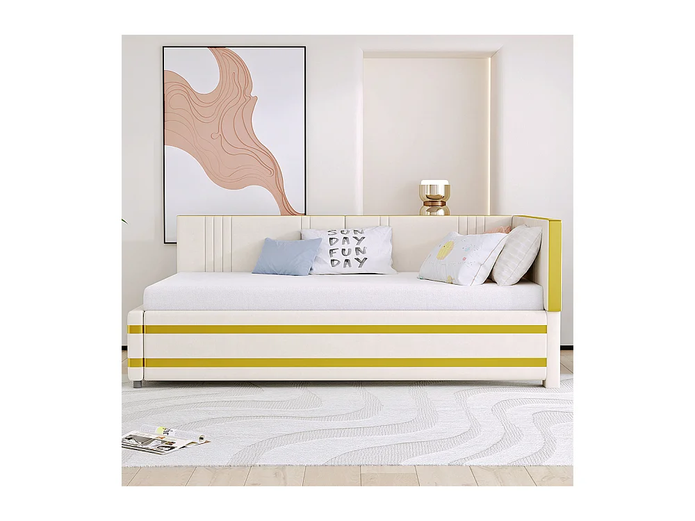 Sofabed 90*200, lit multifonctionnel avec sommier à lattes, tissu velours doux pour la peau, beige