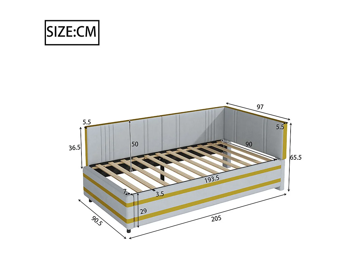 Sofabed 90*200, lit multifonctionnel avec sommier à lattes, tissu velours doux pour la peau, gris
