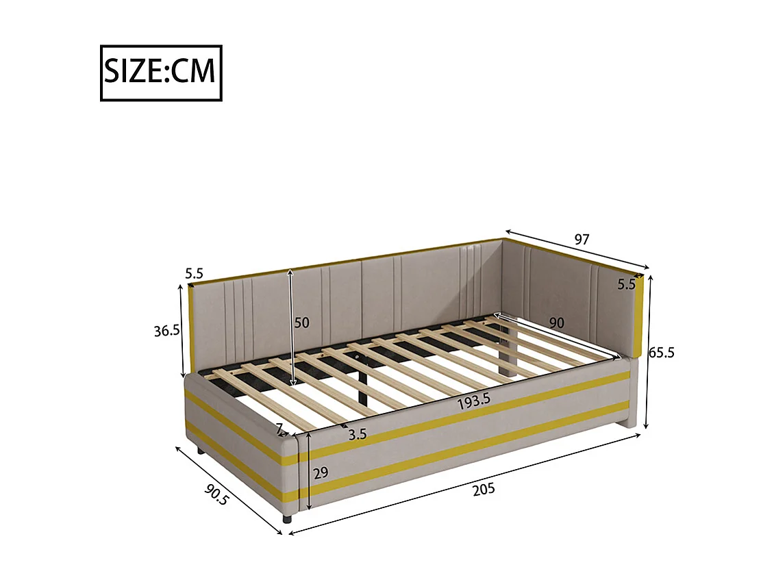 Sofabed 90*200, lit multifonctionnel avec sommier à lattes, tissu velours doux pour la peau, gris