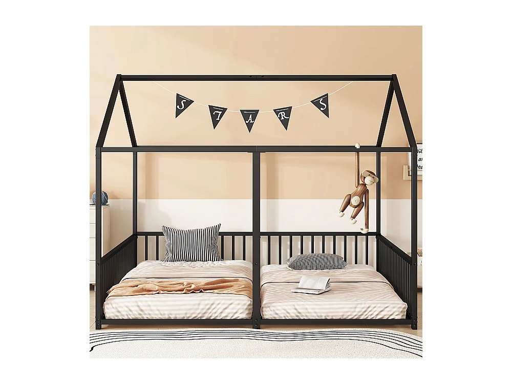 Metalen kinderbed 90*200 cm, rails, ladder, lijstwerk, tweepersoonsbed, ijzeren frame, zwart