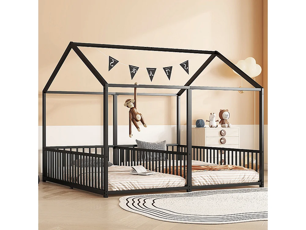 Metalen kinderbed 90*200 cm, rails, ladder, lijstwerk, tweepersoonsbed, ijzeren frame, zwart