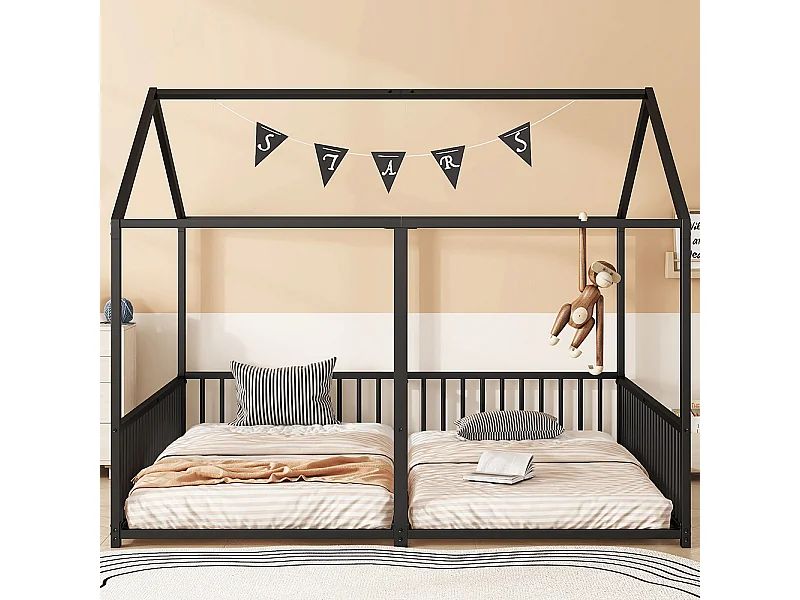 Lit d'enfant en métal 90*200 cm, barrières, échelle, moulures, lit double, cadre en fer, noir