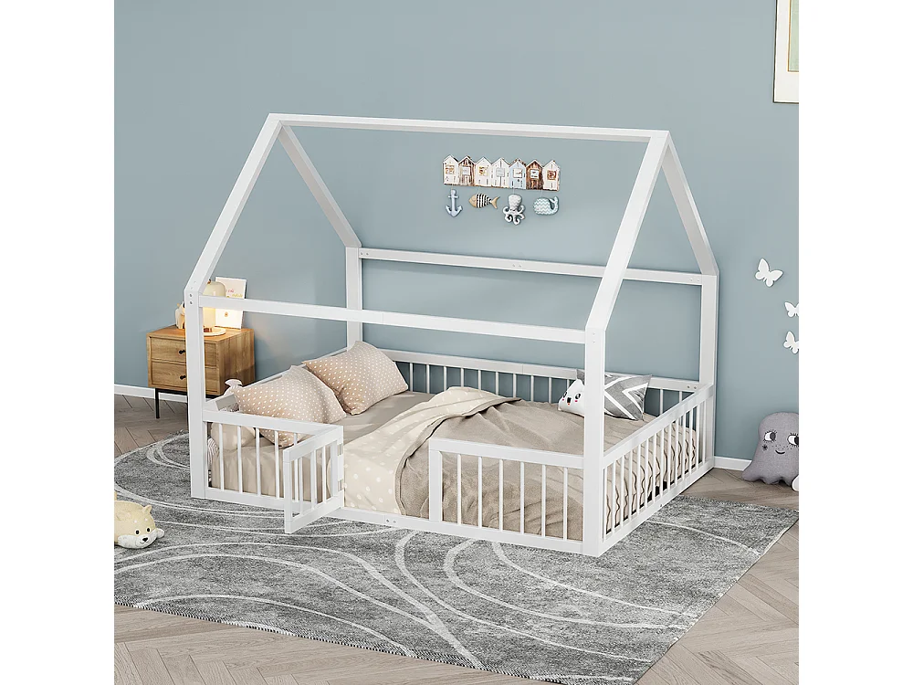 Lit plat, lit en métal, 140 x 200 cm, cadre de lit en métal, lit d'enfant, moule de maison, rails, blanc