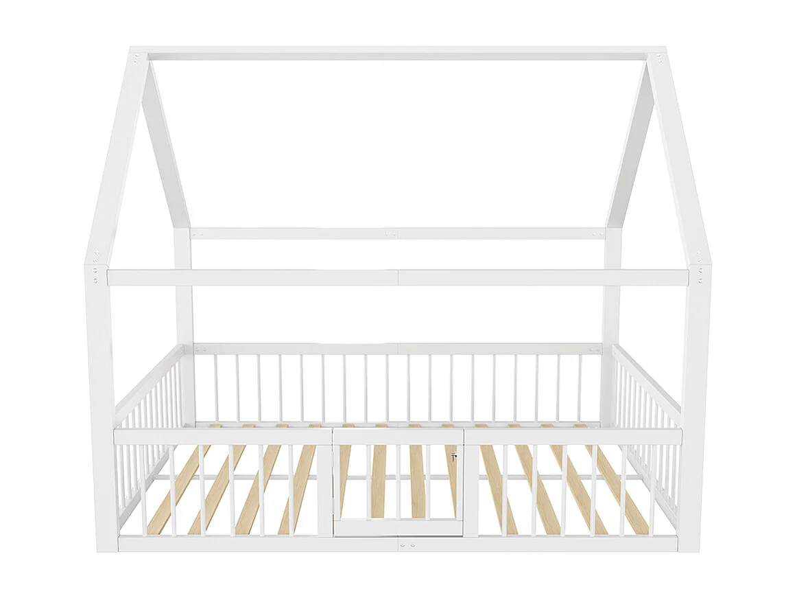 Lit plat, lit en métal, 140 x 200 cm, cadre de lit en métal, lit d'enfant, moule de maison, rails, blanc