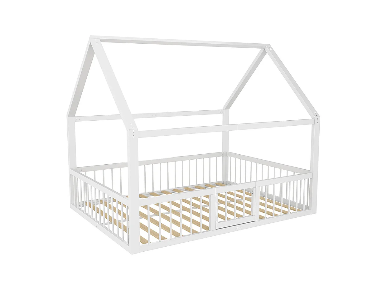 Lit plat, lit en métal, 140 x 200 cm, cadre de lit en métal, lit d'enfant, moule de maison, rails, blanc