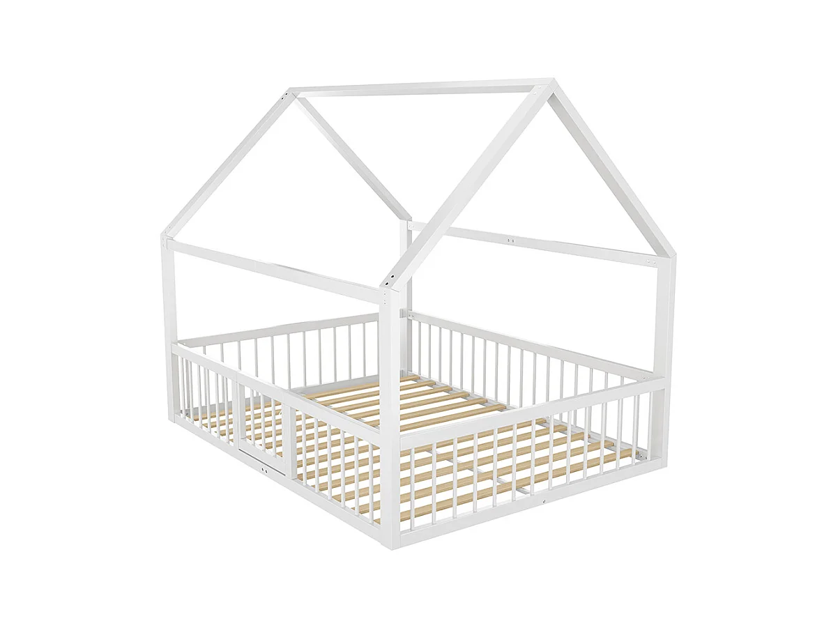 Lit plat, lit en métal, 140 x 200 cm, cadre de lit en métal, lit d'enfant, moule de maison, rails, blanc