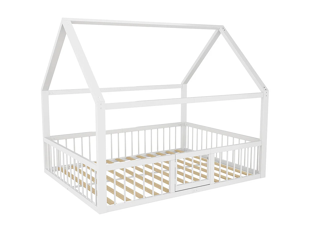 Lit plat, lit en métal, 140 x 200 cm, cadre de lit en métal, lit d'enfant, moule de maison, rails, blanc