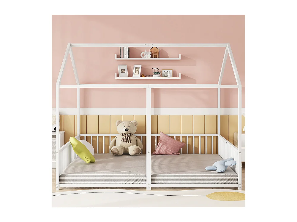 Lit d'enfant en métal 90*200 cm, barrières, échelle, moulures, lit double, cadre en fer, blanc
