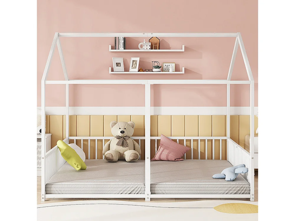 Lit d'enfant en métal 90*200 cm, barrières, échelle, moulures, lit double, cadre en fer, blanc