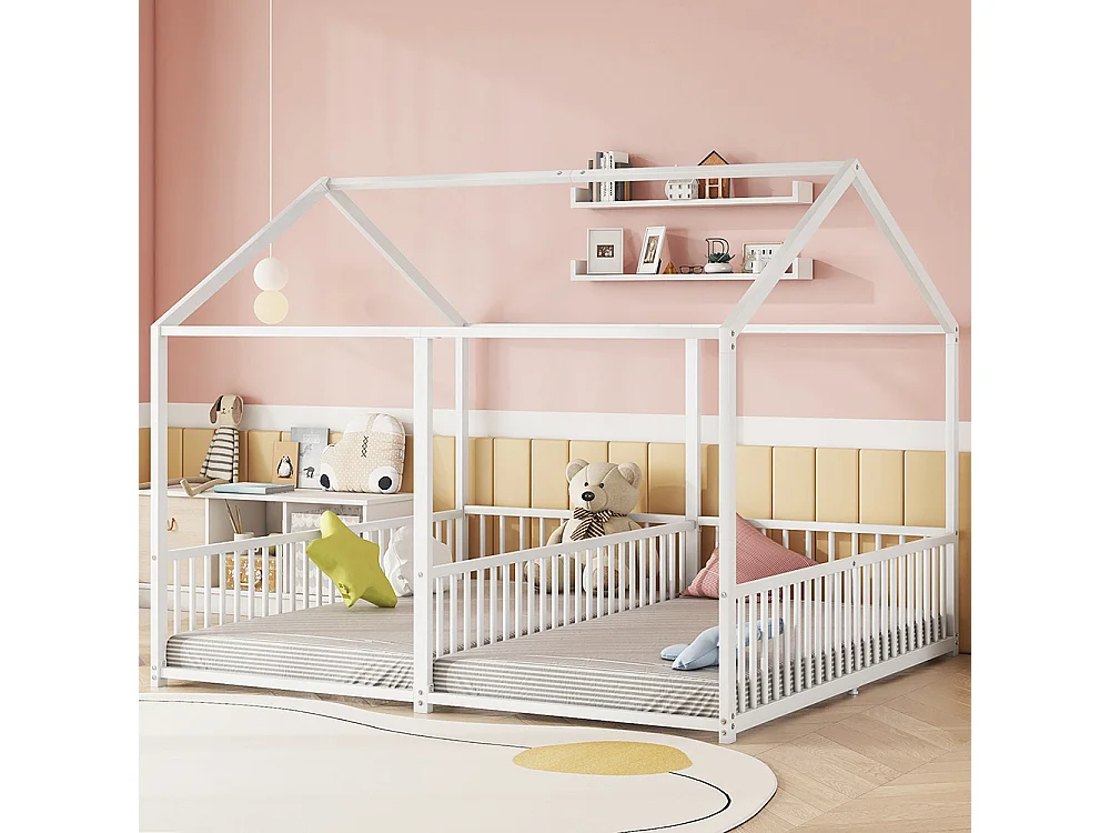 Lit d'enfant en métal 90*200 cm, barrières, échelle, moulures, lit double, cadre en fer, blanc