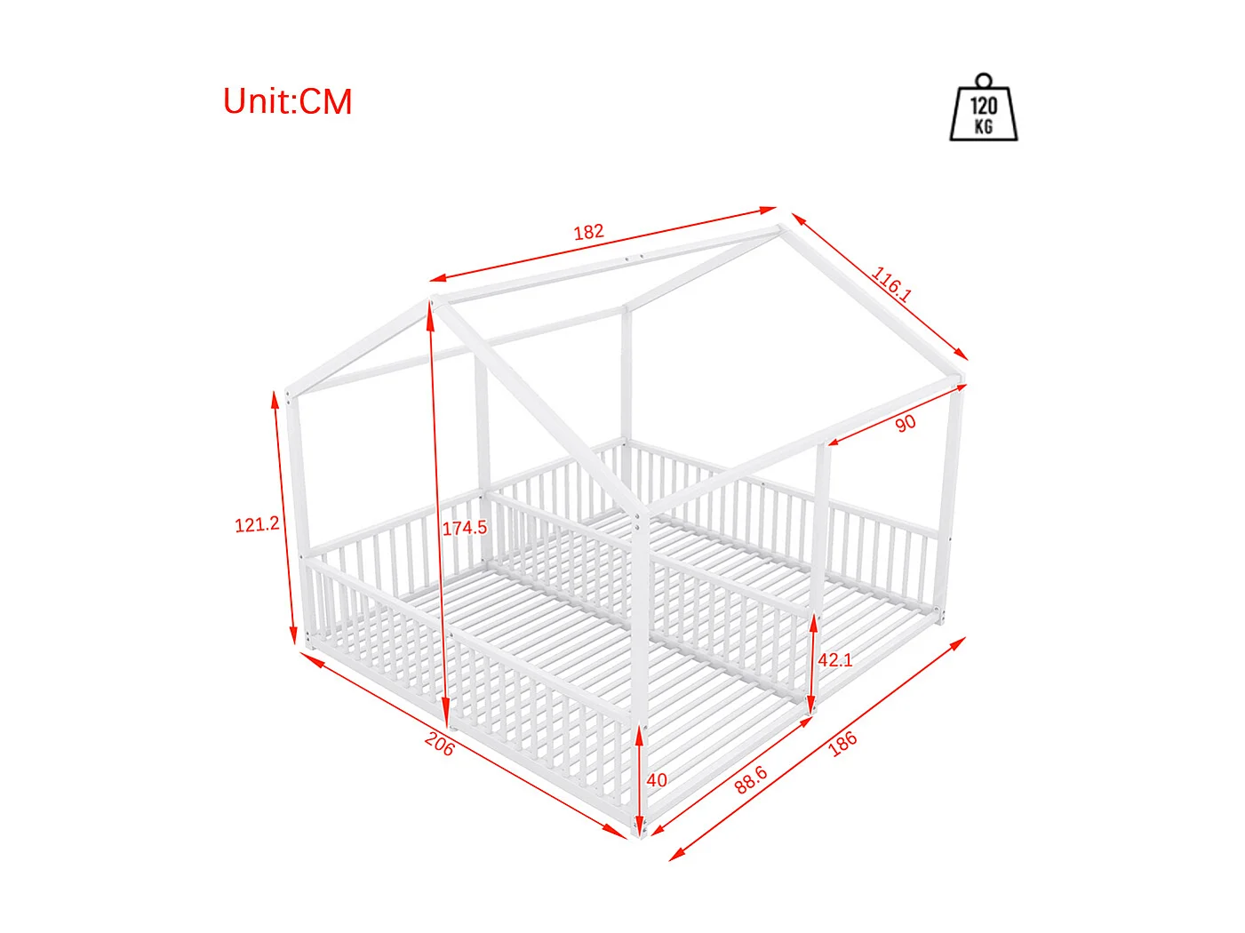 Lit d'enfant en métal 90*200 cm, barrières, échelle, moulures, lit double, cadre en fer, blanc