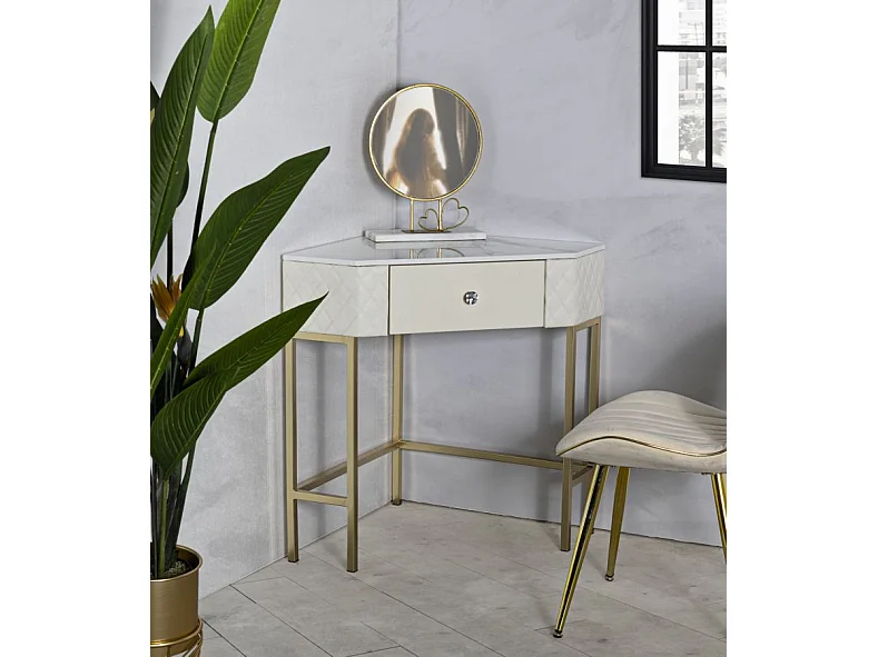 Console d'Angle Effet Marbre "Sharon" 84cm Blanc & Or