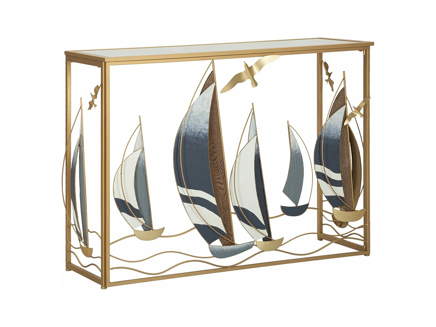 Console 108x37x80 cm – Structure en métal doré avec voiliers – Design nautique élégant pour décoration marine