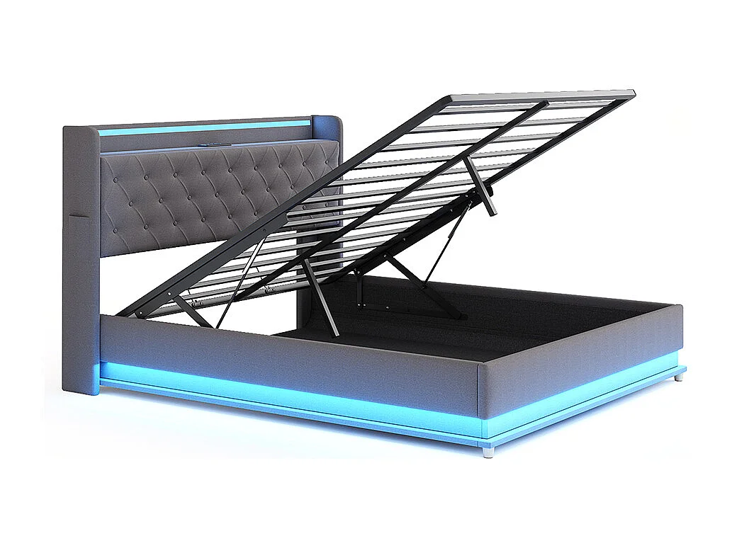 Cama tapizada 140*200 cm, con puerto de carga USB y taquilla hidráulica, gris, tejido de lino agradable a la piel