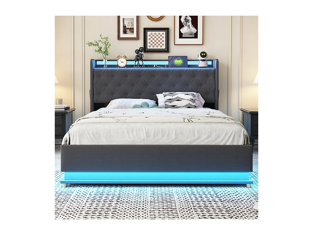 Lit rembourré 140*200 cm, avec port de charge USB et casier hydraulique, gris, tissu de lin doux pour la peau