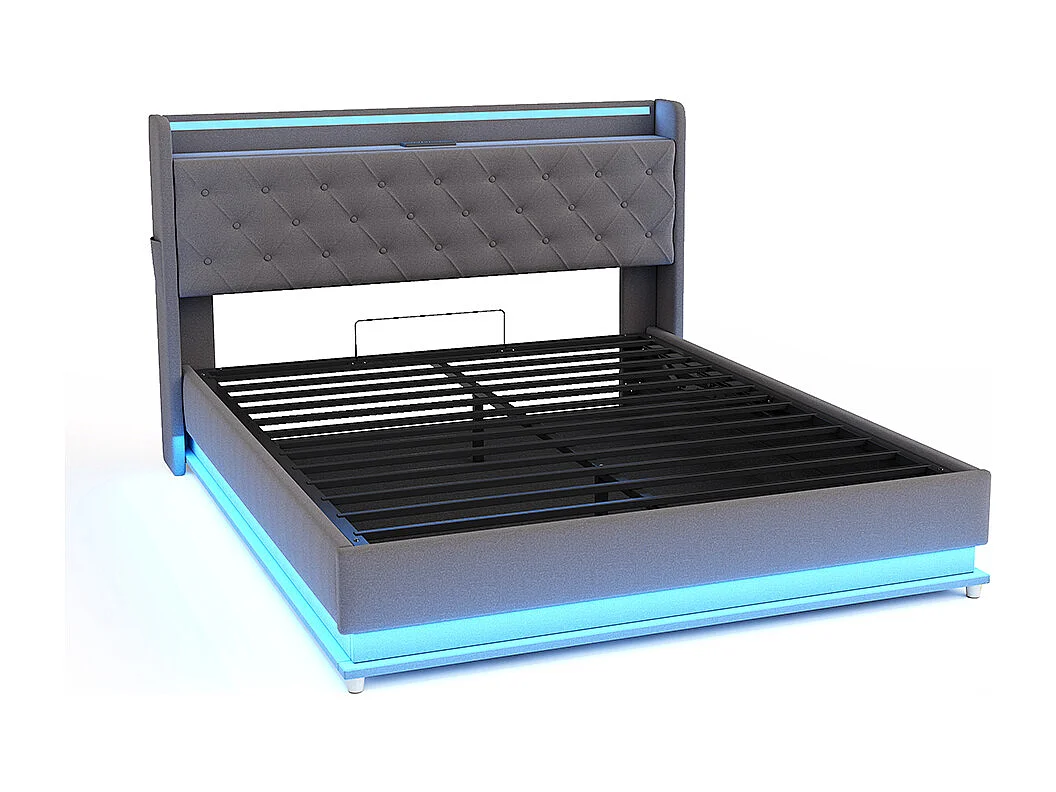 Cama tapizada 140*200 cm, con puerto de carga USB y taquilla hidráulica, gris, tejido de lino agradable a la piel