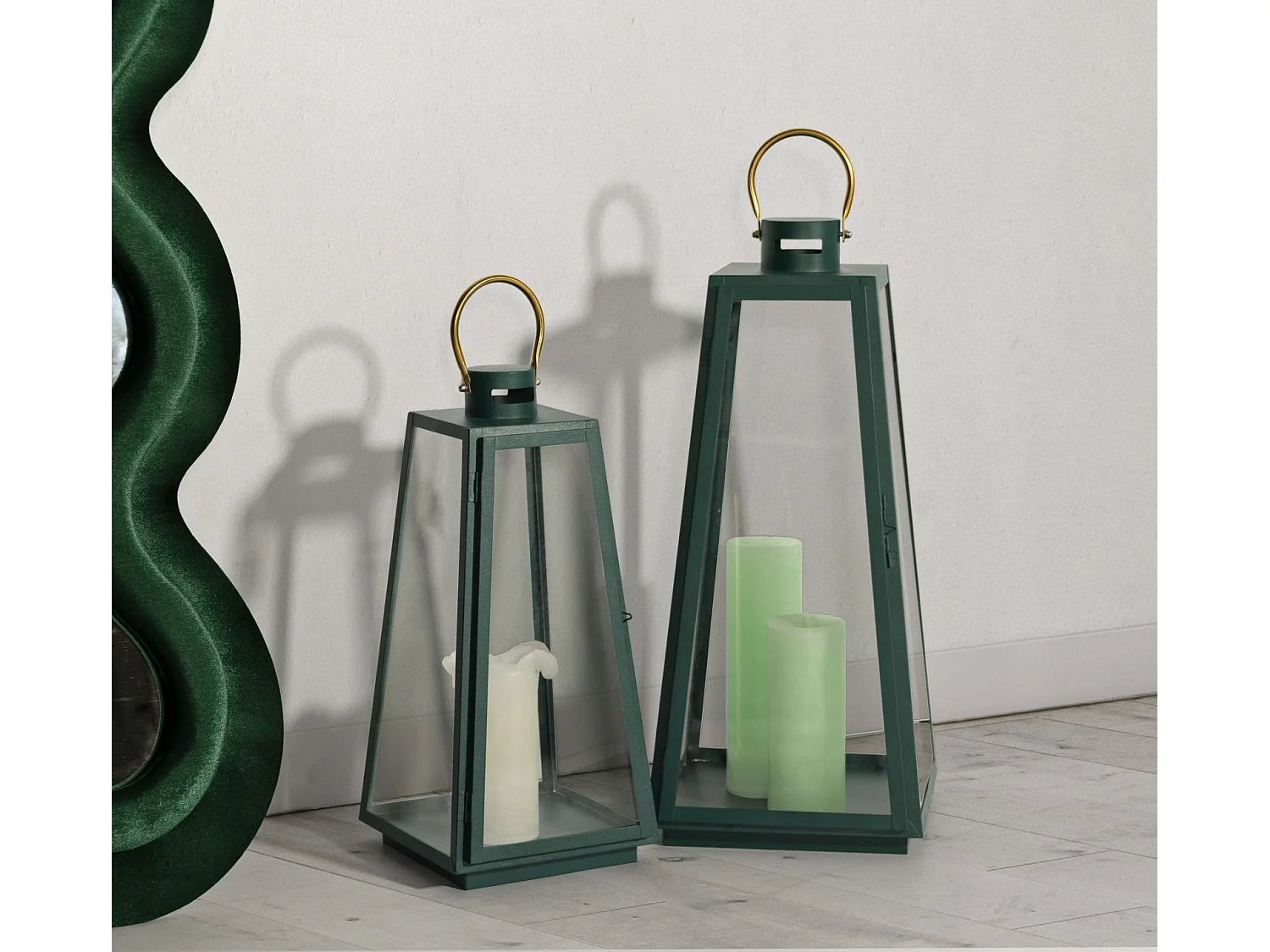 Lanterne in metallo verde set 2 pz cm Ø 25x25x57-20x20x45