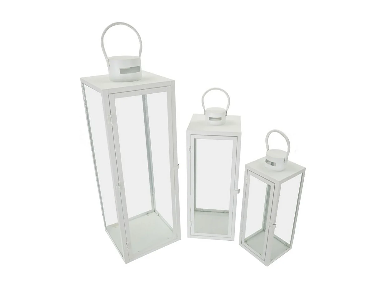 Lanterne in metallo bianco set 3 pz cm 22x22x66-18x18x49,5-14x14x39