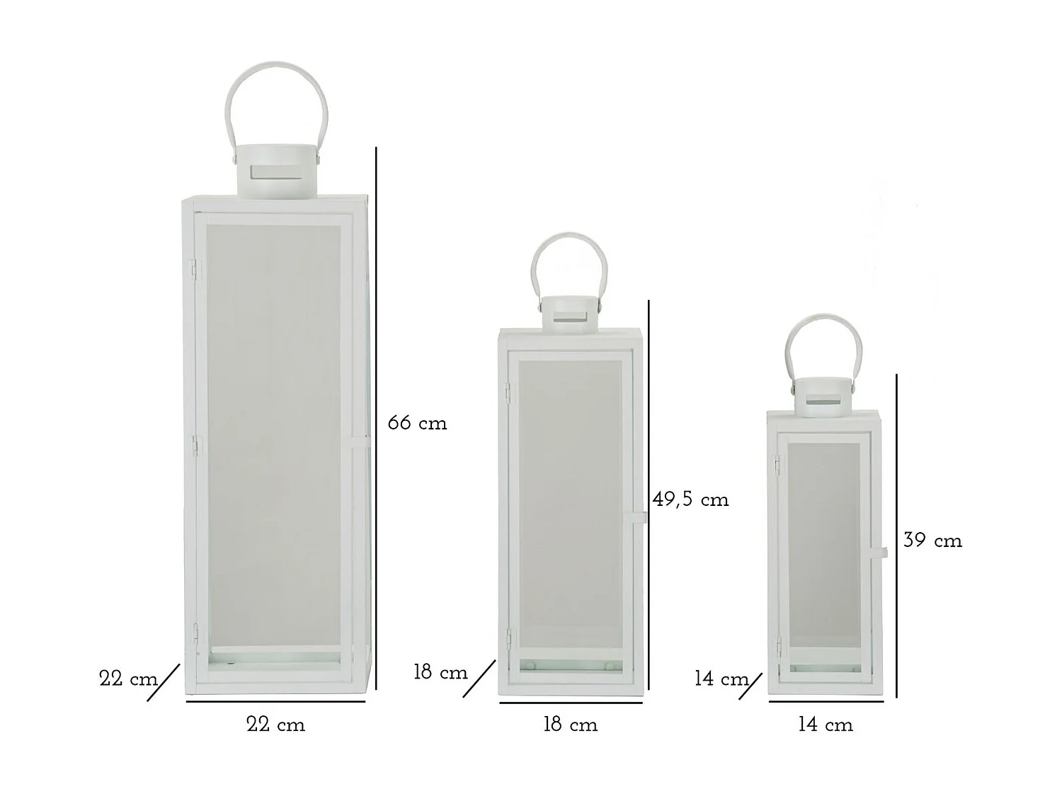 Lanterne in metallo bianco set 3 pz cm 22x22x66-18x18x49,5-14x14x39