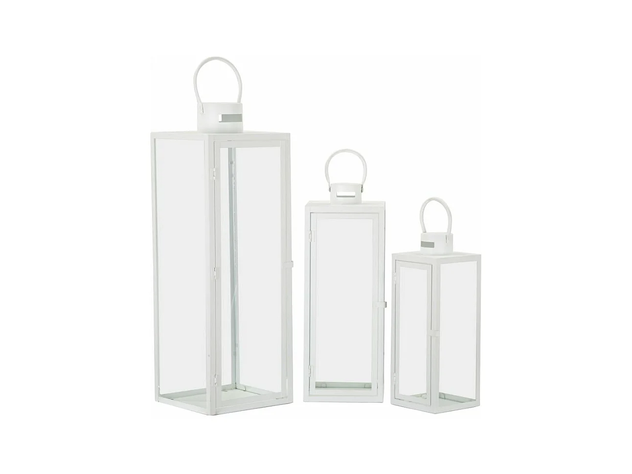 Set de 3 lanternes blanches en métal et verre - 22x22x66 cm, 18x18x49,5 cm, 14x14x39 cm - pour illuminer votre espace avec une lumière magique.