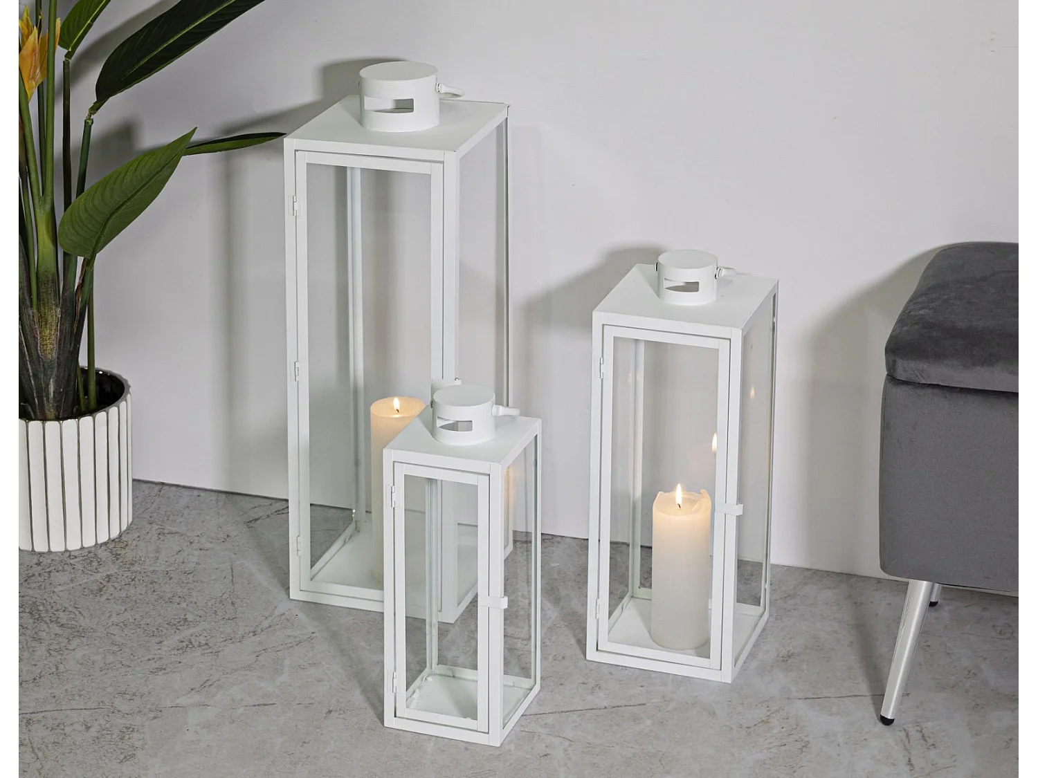 Lot de 3 Lanternes en Verre "Magic" 66cm Blanc