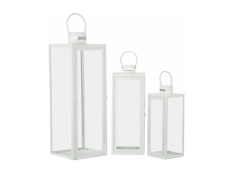 Lanterne in metallo bianco set 3 pz cm 22x22x66-18x18x49,5-14x14x39