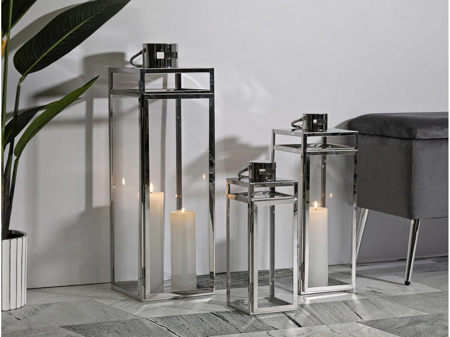 Lot de 3 Lanternes en Verre "Silvy" 70cm Argent