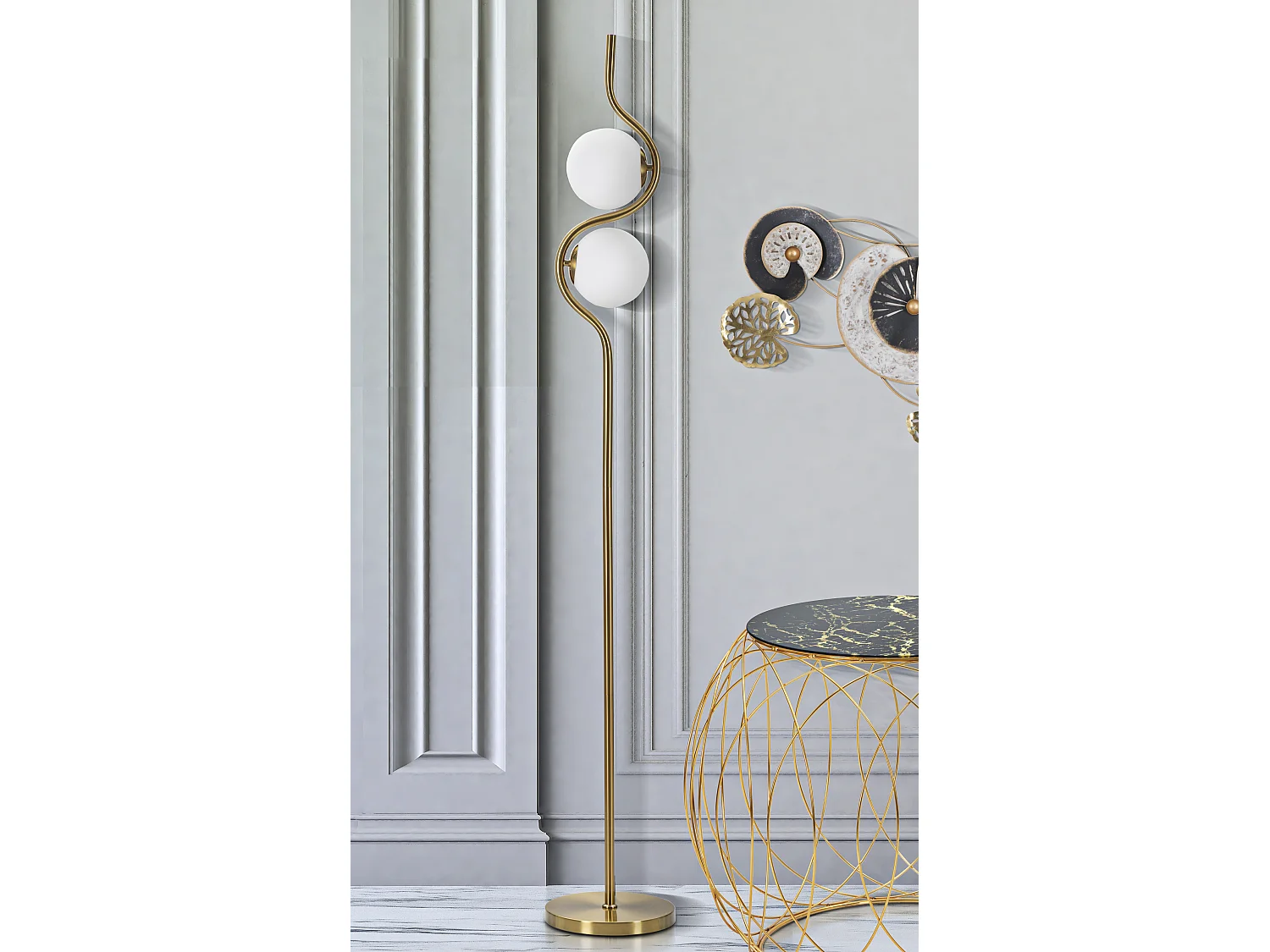 Lampadaire Design 2 Sphères "Luci" 168cm Blanc & Or