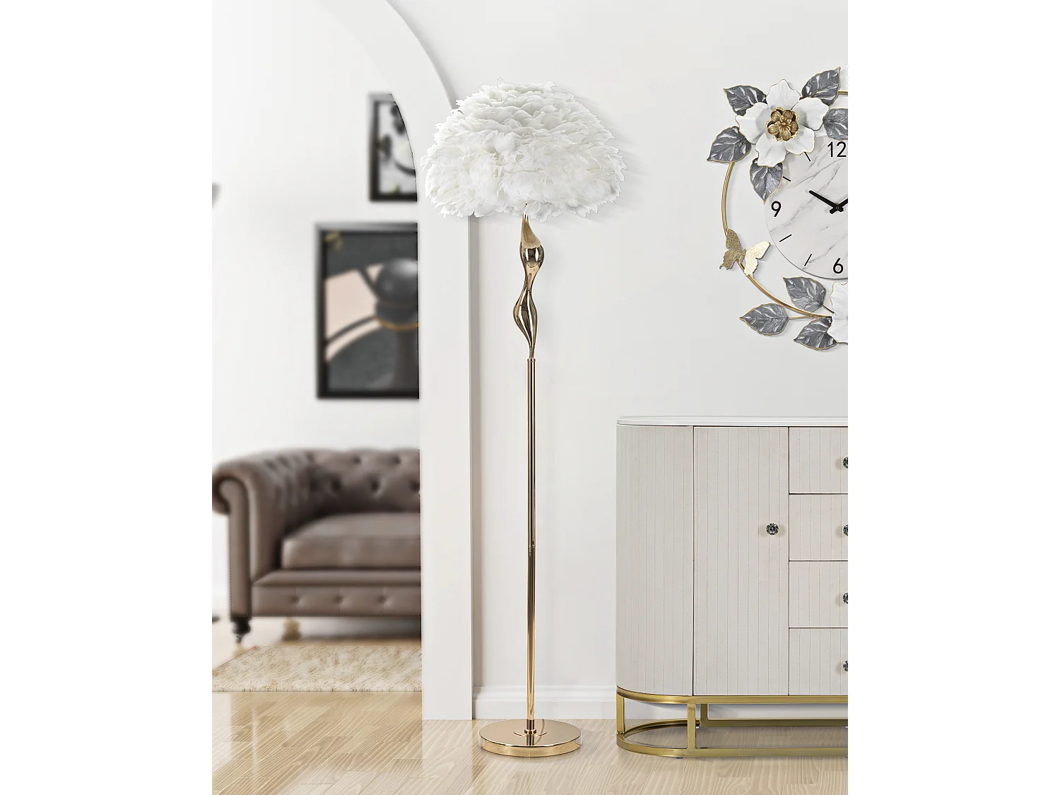 Lampadaire Imitation Plume "Slim" 165cm Or & Blanc