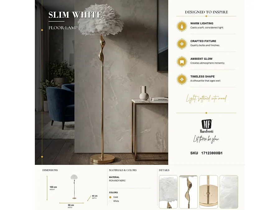 Lampadaire Imitation Plume "Slim" 165cm Or & Blanc