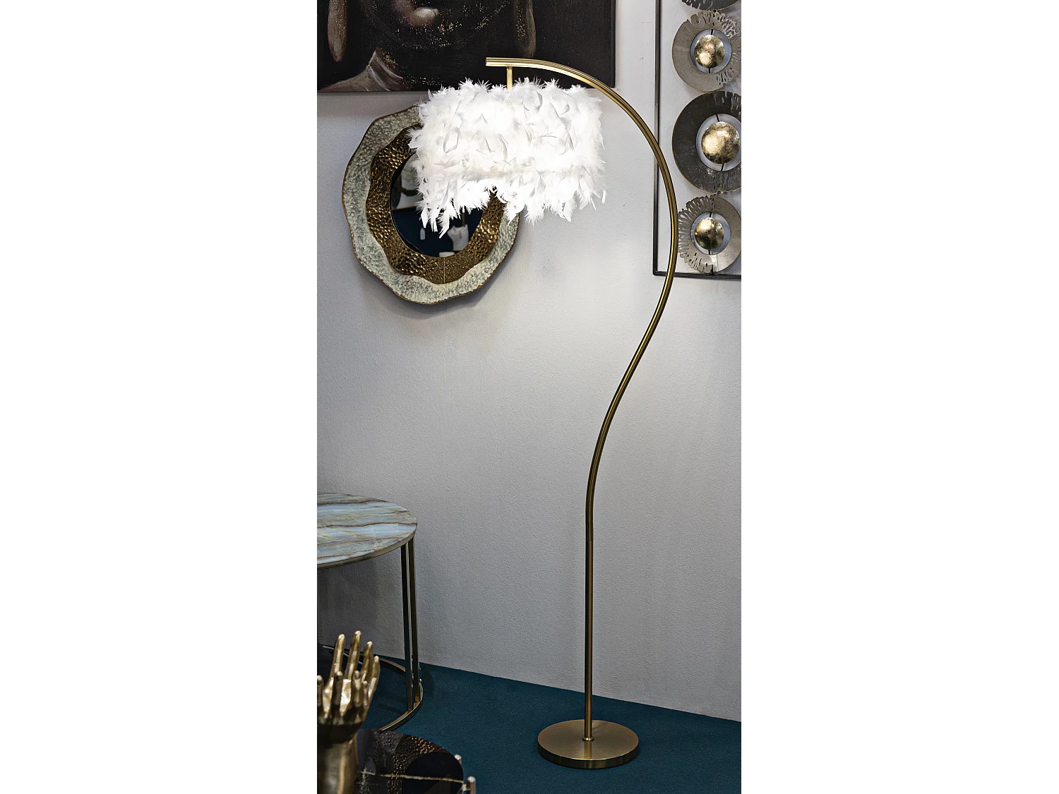 Lampadaire Imitation Plume "Semi Arc" 170cm Or & Blanc