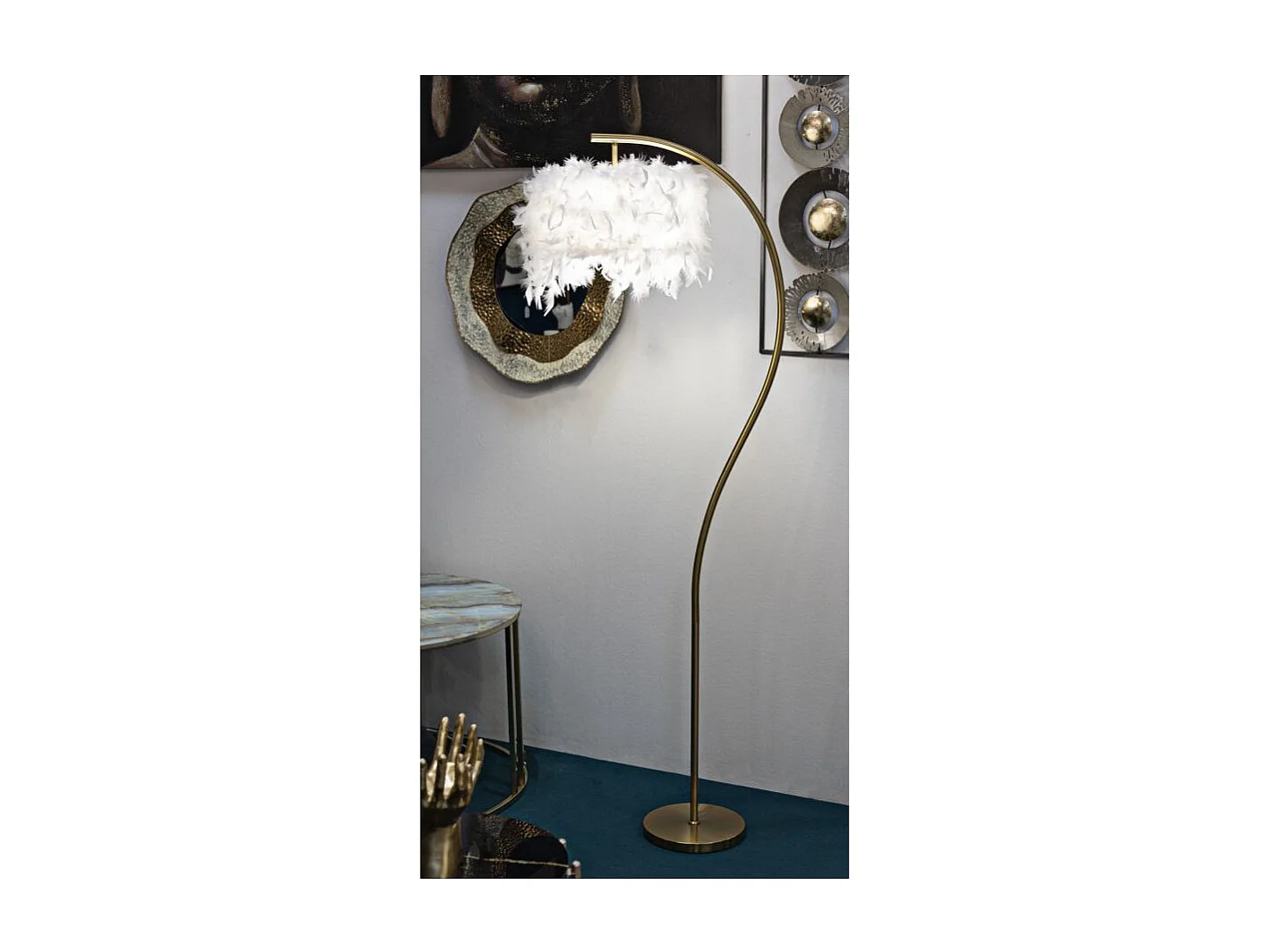 Lampadaire Imitation Plume "Semi Arc" 170cm Or & Blanc