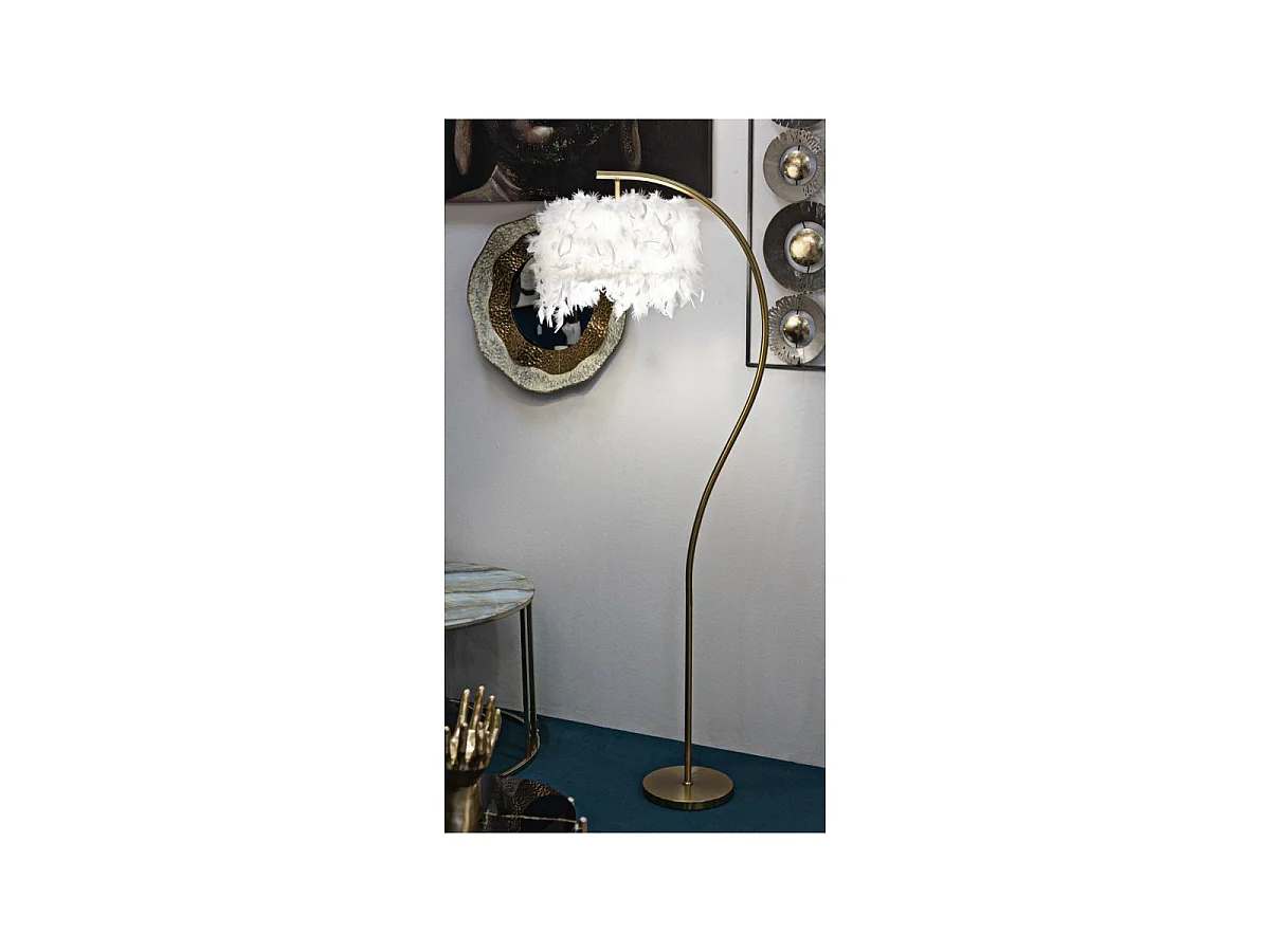 Lampadaire Imitation Plume "Semi Arc" 170cm Or & Blanc