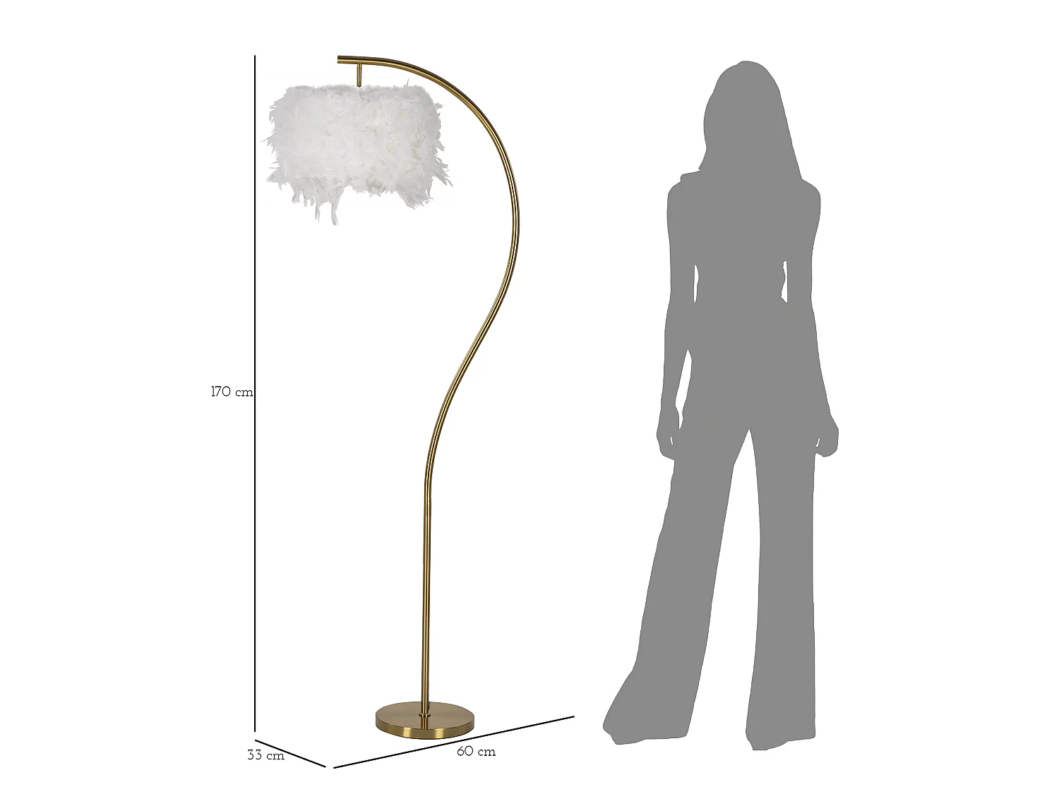 Lampadaire Imitation Plume "Semi Arc" 170cm Or & Blanc