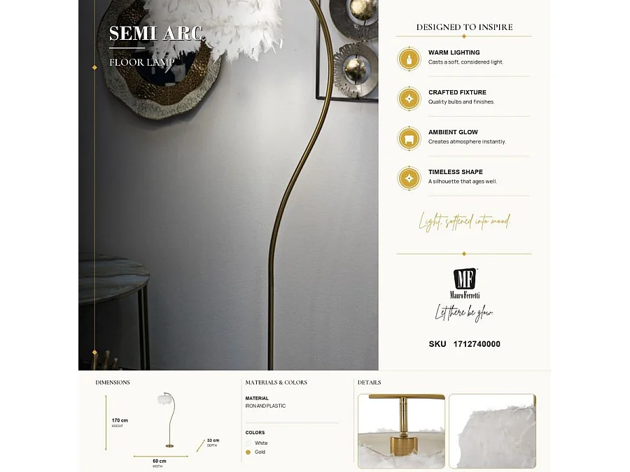 Lampadaire Imitation Plume "Semi Arc" 170cm Or & Blanc