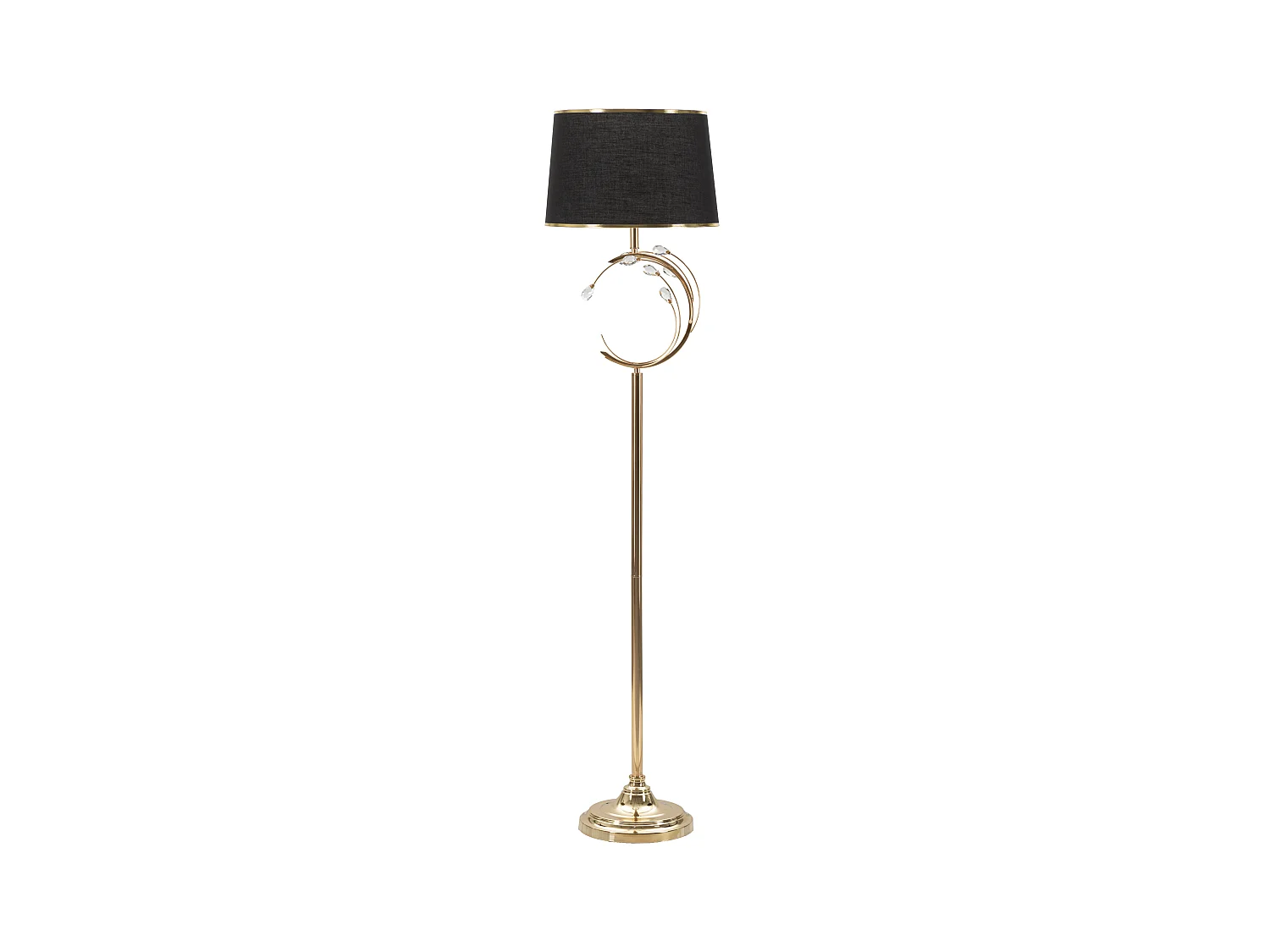 Lampadaire Bruxelles en métal doré – Ø 38x160 cm, décoration géométrique florale, abat-jour en tissu noir avec finitions dorées