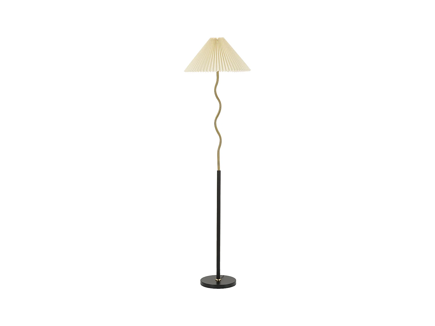Lampadaire CLOSY Noir et Doré Ø 46 cm, métal et plastique, abat-jour tissu plissé blanc, hauteur 172 cm, design moderne et raffiné.