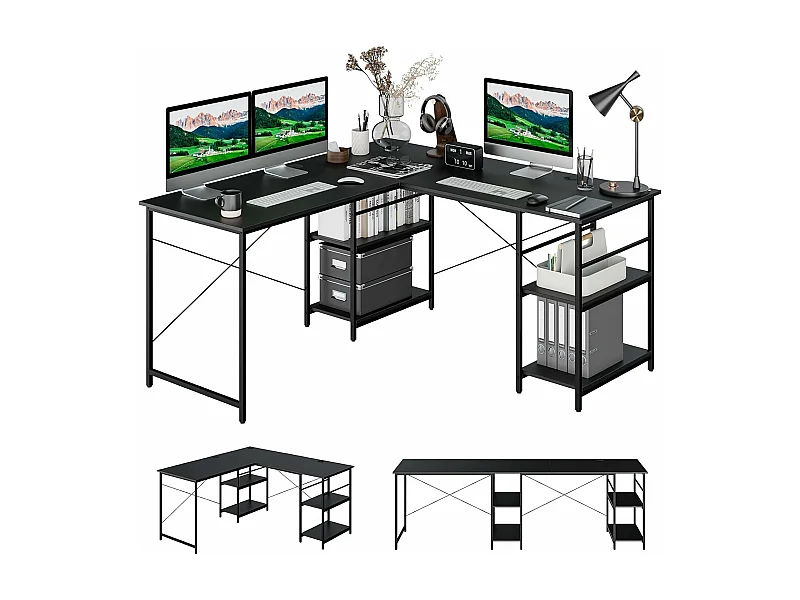 Bureau d'ordinateur en Forme de L, Bureau d'angle Convertible de 151cm 4 Étagères de Rangement Support CPU, 2 Façons d’Assembler, Charge 180 kg pour Bureau à Domicile (Noir)