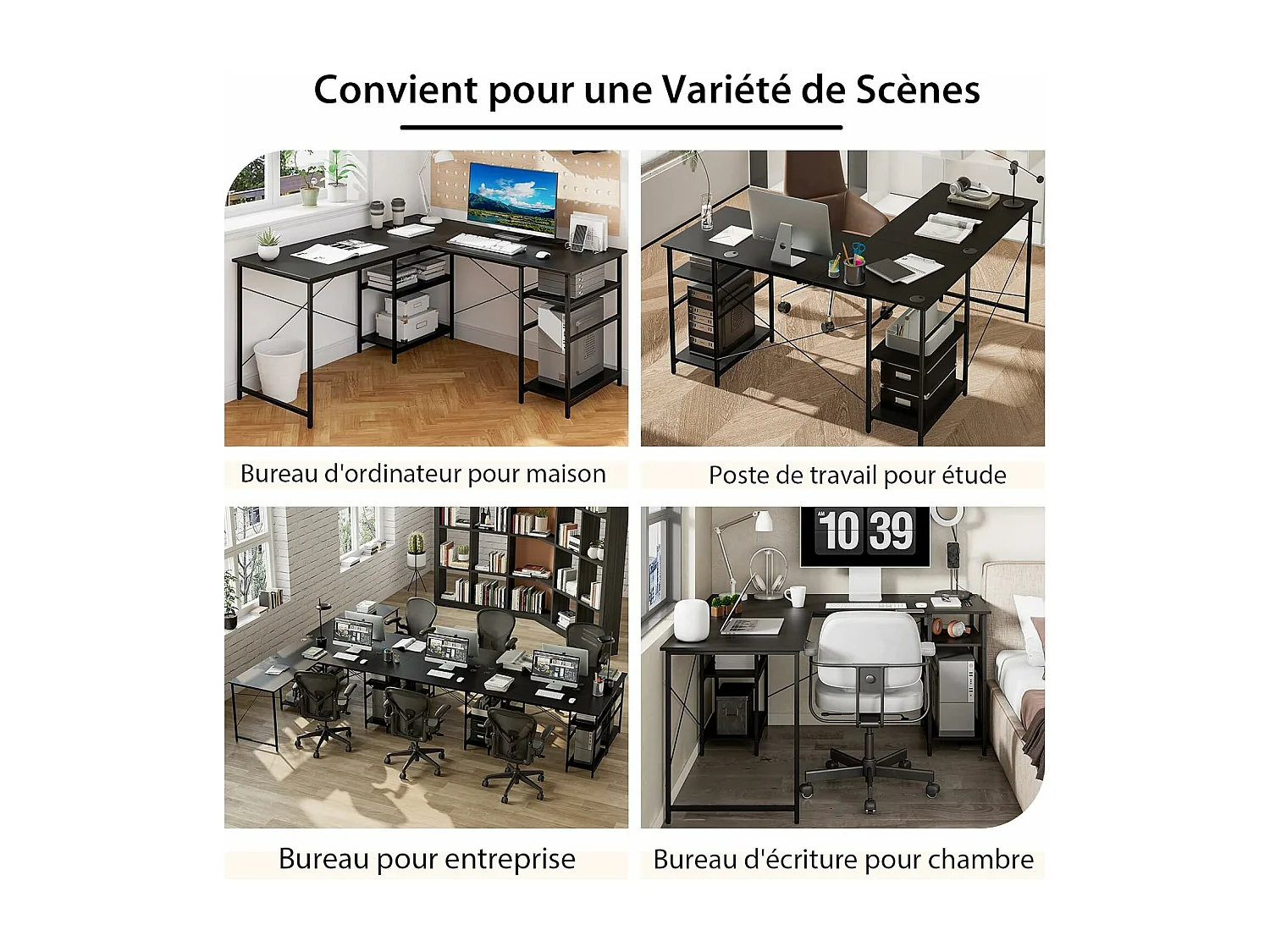 Bureau d'ordinateur en Forme de L, Bureau d'angle Convertible de 151cm 4 Étagères de Rangement Support CPU, 2 Façons d’Assembler, Charge 180 kg pour Bureau à Domicile (Noir)