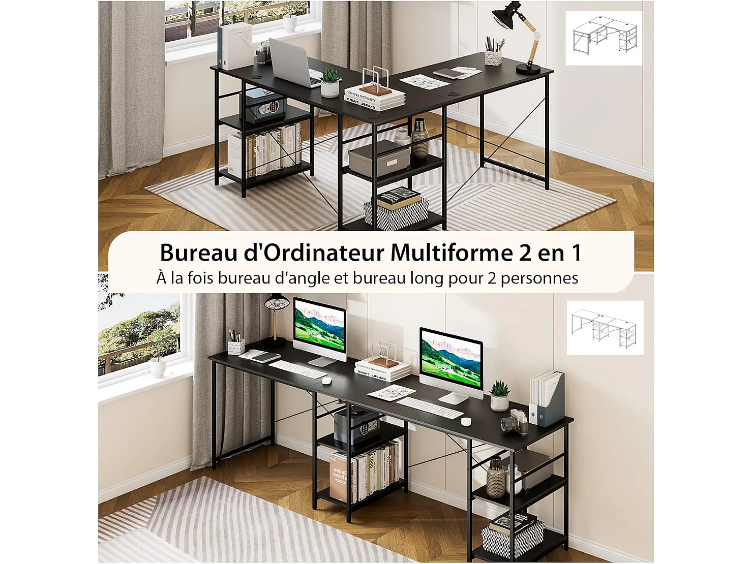 Bureau d'ordinateur en Forme de L, Bureau d'angle Convertible de 151cm 4 Étagères de Rangement Support CPU, 2 Façons d’Assembler, Charge 180 kg pour Bureau à Domicile (Noir)