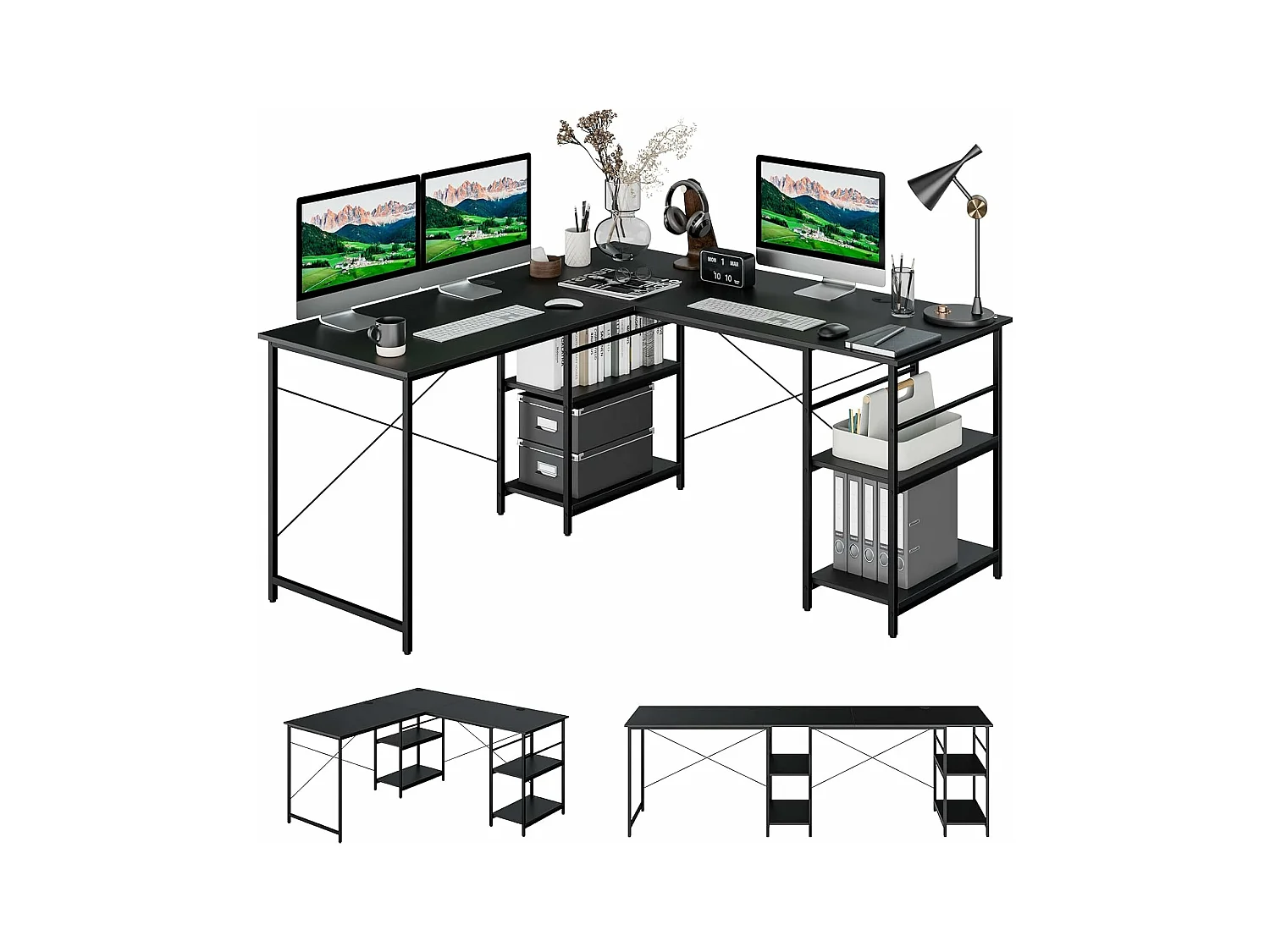 Bureau d'ordinateur en Forme de L, Bureau d'angle Convertible de 151cm 4 Étagères de Rangement Support CPU, 2 Façons d’Assembler, Charge 180 kg pour Bureau à Domicile (Noir)