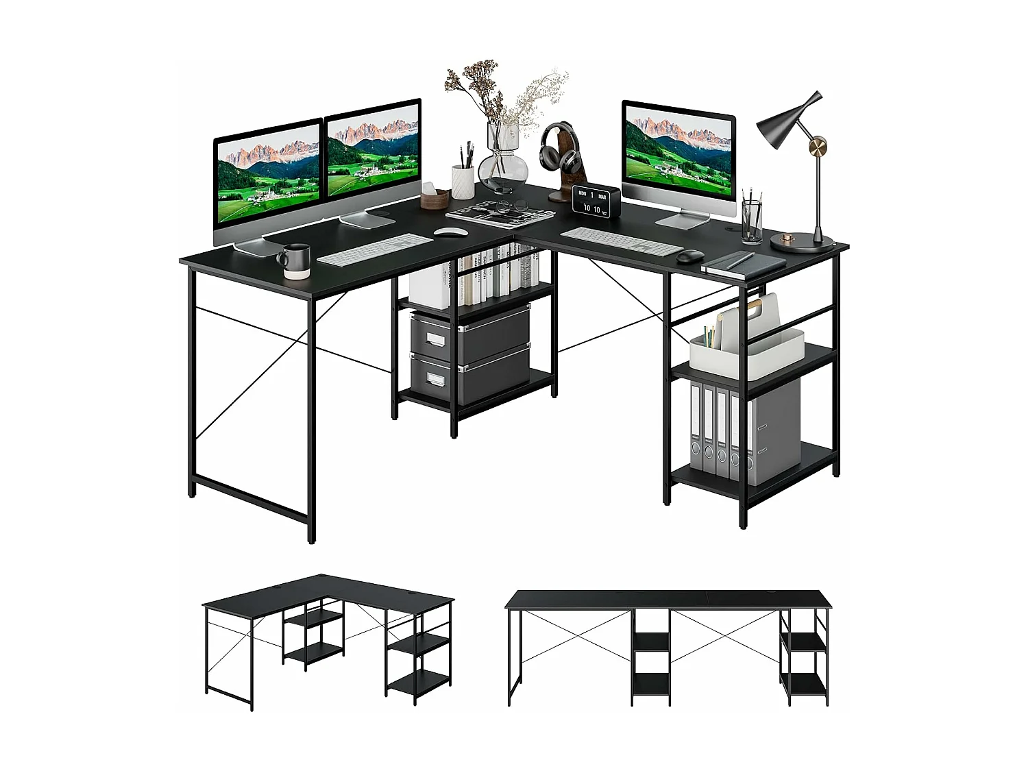 Bureau d'ordinateur en Forme de L, Bureau d'angle Convertible de 151cm 4 Étagères de Rangement Support CPU, 2 Façons d’Assembler, Charge 180 kg pour Bureau à Domicile (Noir)