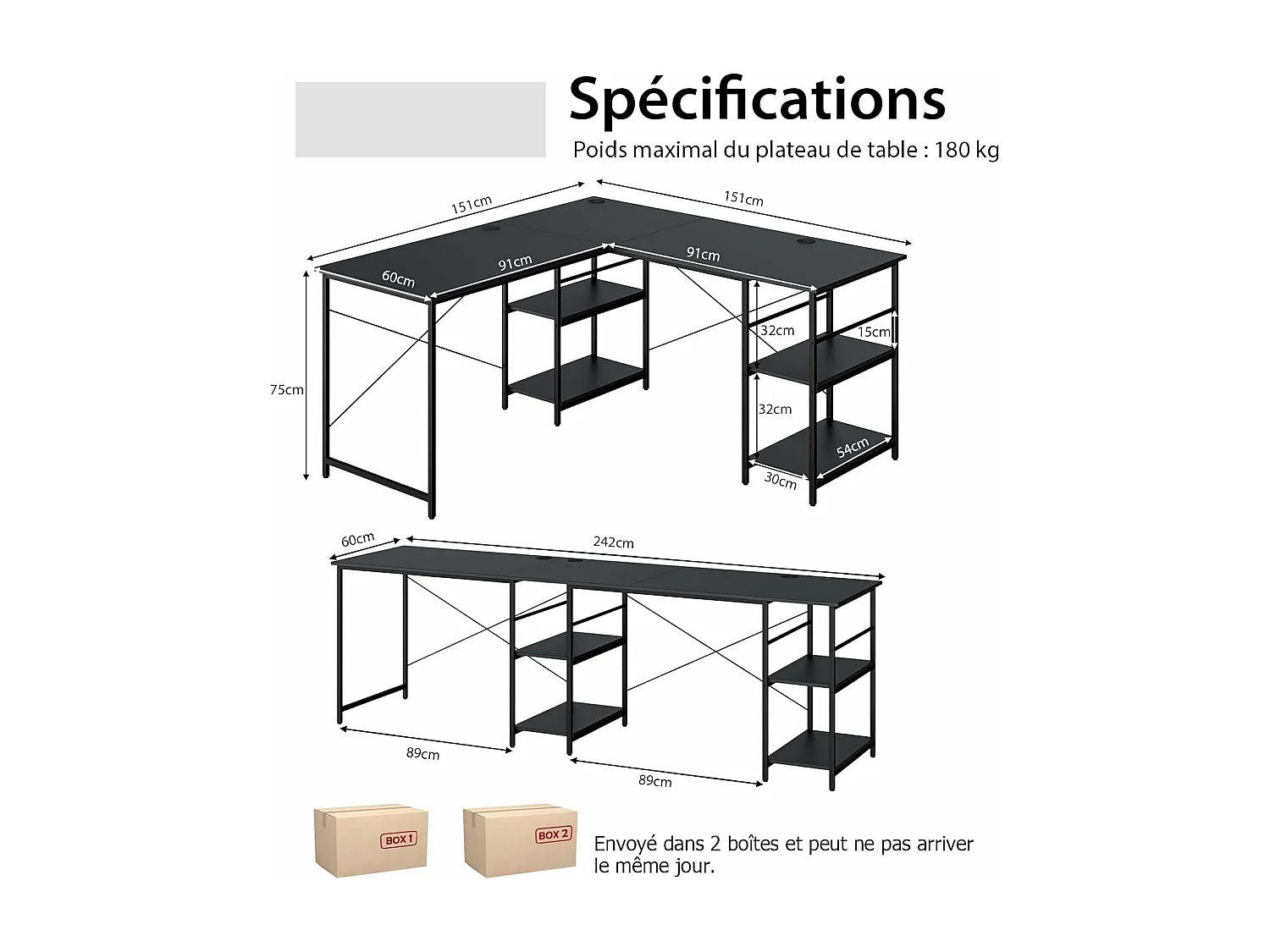 Bureau d'ordinateur en Forme de L, Bureau d'angle Convertible de 151cm 4 Étagères de Rangement Support CPU, 2 Façons d’Assembler, Charge 180 kg pour Bureau à Domicile (Noir)