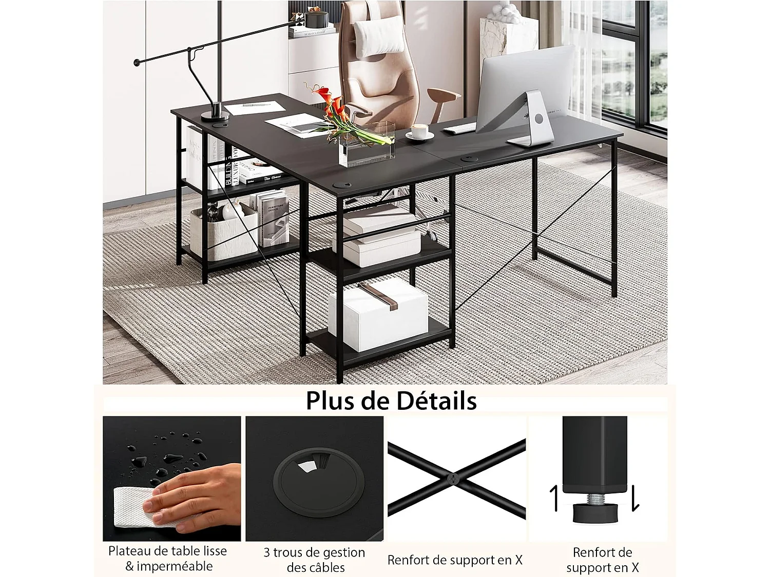 Bureau d'ordinateur en Forme de L, Bureau d'angle Convertible de 151cm 4 Étagères de Rangement Support CPU, 2 Façons d’Assembler, Charge 180 kg pour Bureau à Domicile (Noir)