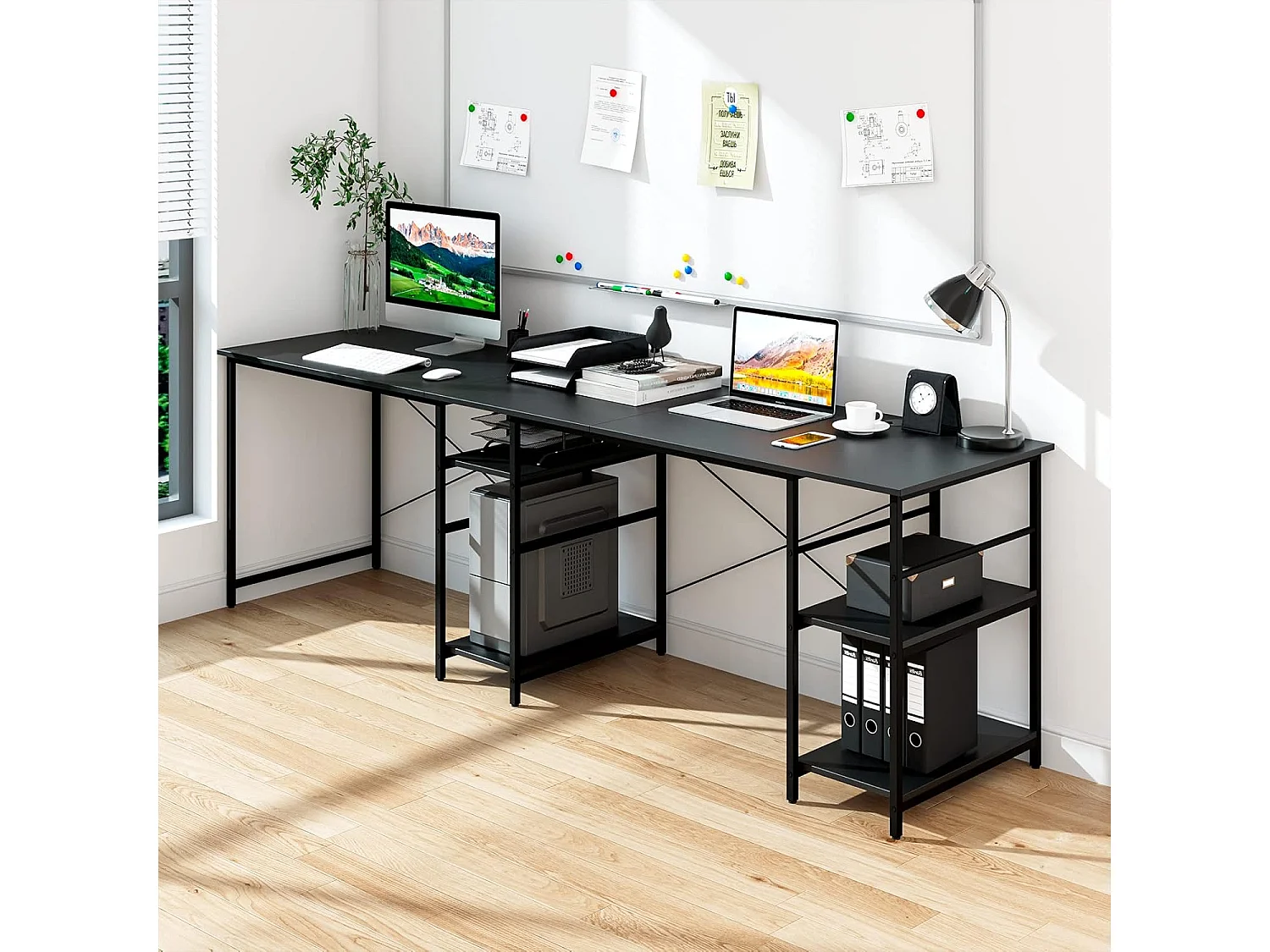 Bureau d'ordinateur en Forme de L, Bureau d'angle Convertible de 151cm 4 Étagères de Rangement Support CPU, 2 Façons d’Assembler, Charge 180 kg pour Bureau à Domicile (Noir)