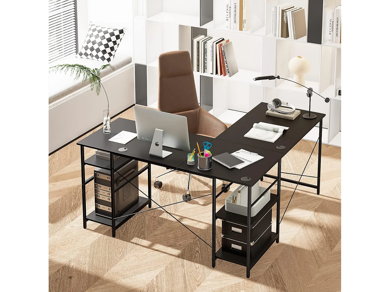 Bureau d'ordinateur en Forme de L, Bureau d'angle Convertible de 151cm 4 Étagères de Rangement Support CPU, 2 Façons d’Assembler, Charge 180 kg pour Bureau à Domicile (Noir)